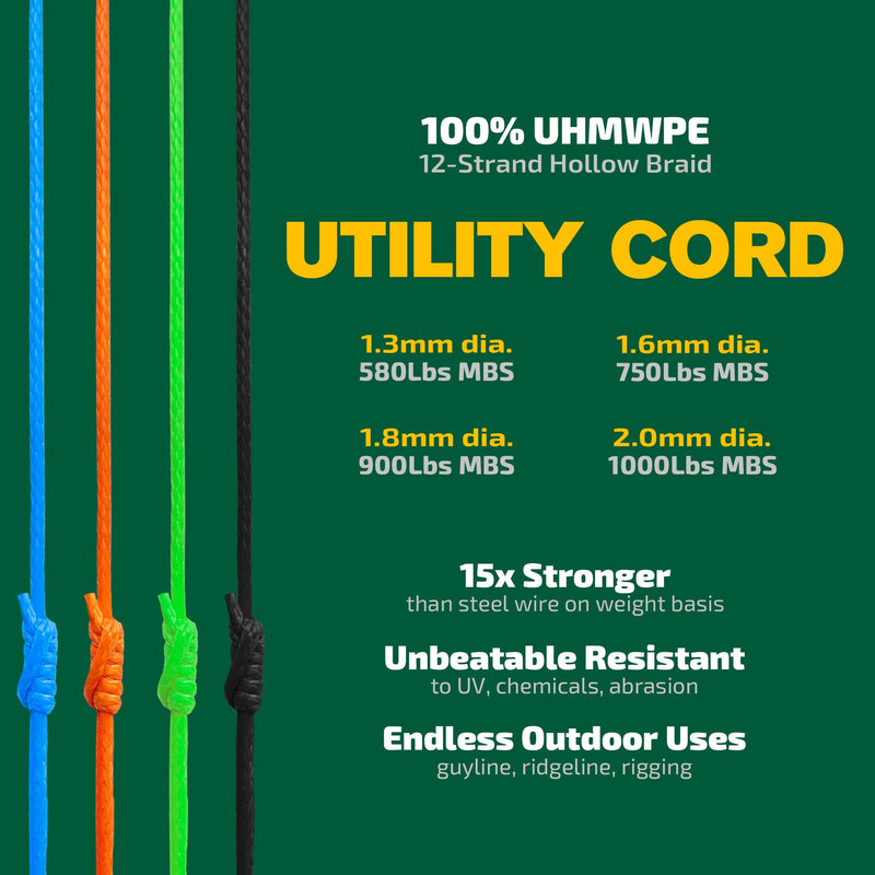 [Australia - AusPower] - emma kites Hollow UHMWPE Braided Cord 1.3mm, 1.6mm, 1.8mm, 2mm Spliceable for Tent Guyline Tarp Hammock Ridgeline Whoopie Sling Bear Bagging for Camping Backpacking 1.3mm(Dia.)x100ft | 580Lb Black 