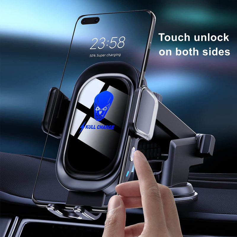 [Australia - AusPower] - SKULL CHARGE【Skull Atmosphere Light】 Wireless Car Charger, Qi 15W Super Fast Charging, Car Phone Holder Auto-Clamping, Air Vent Dashboard Car Mount, Long Arm Hands Free Cell Phone Holder (Blue Light) Blue Light 