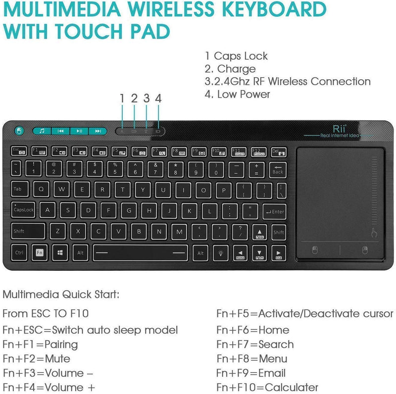 [Australia - AusPower] - Rii K18 Plus Wireless 3-LED Color Backlit Multimedia Keyboard with Multi-Touch Big Size Trackpad,Rechargable Keyboard for Android TV Box,PC,Smart TV,Xbox,Raspberry Pi, HTPC IPTV,Windows, MacOS 2.4GHz 