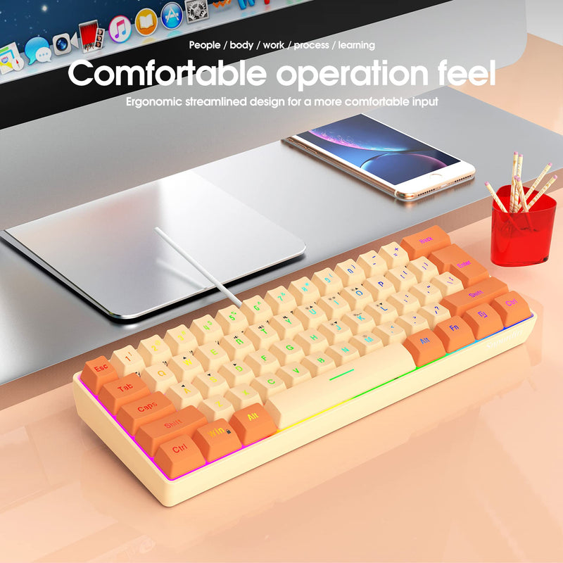 [Australia - AusPower] - Snpurdiri 60% Wired Gaming Keyboard, RGB Backlit Ultra-Compact Mini Keyboard, Waterproof Mini Compact 61 Keys Keyboard for PC/Mac Gamer, Typist, Travel (Orange and Cream) Orange and Cream 