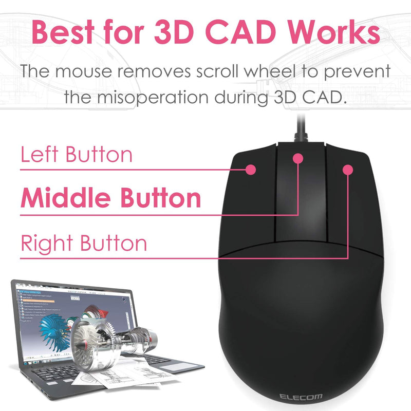 [Australia - AusPower] - ELECOM -Japan Brand- Wired Connection, Basic 3D-CAD Mouse, No Scroll Wheel, 3 Button Computer Mouse with Smooth Optical Tracking, Blue LED, 600/1200 DPI, for Windows / Mac (M-CAD01UBBK) 