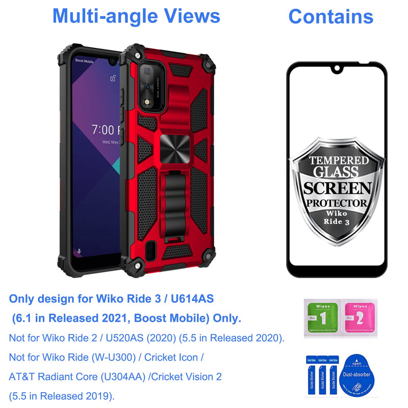 [Australia - AusPower] - Ailiber Compatible with Wiko Ride 3 Case, Wiko U614AS Case with Screen Protector Tempered Glass, for Magnetic Car Mount, Kickstand Holder, Rugged Shockproof Full Coverage Cover for Wiko Ride 3-Red Screen Protector & Red 