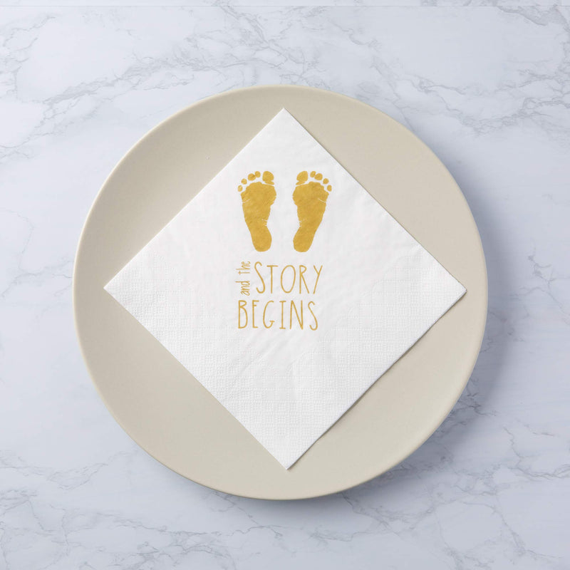 [Australia - AusPower] - Baby Shower Napkins -"And The Story Begins" 100 Gender Reveal Gold Napkins - Large 6.5 x 6.5 Inch 