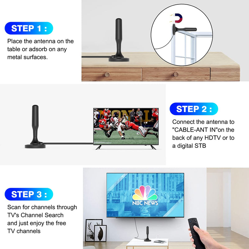 [Australia - AusPower] - TV Antenna, HIDB TV Antenna for Smart TV Indoor，Antenna TV Digital HD Indoor for Long Range & 360°Reception Easy Installation,Antenna for tv Without Cable Free for All 4K 1080P HDTV Channels Black With Magnetic Base 