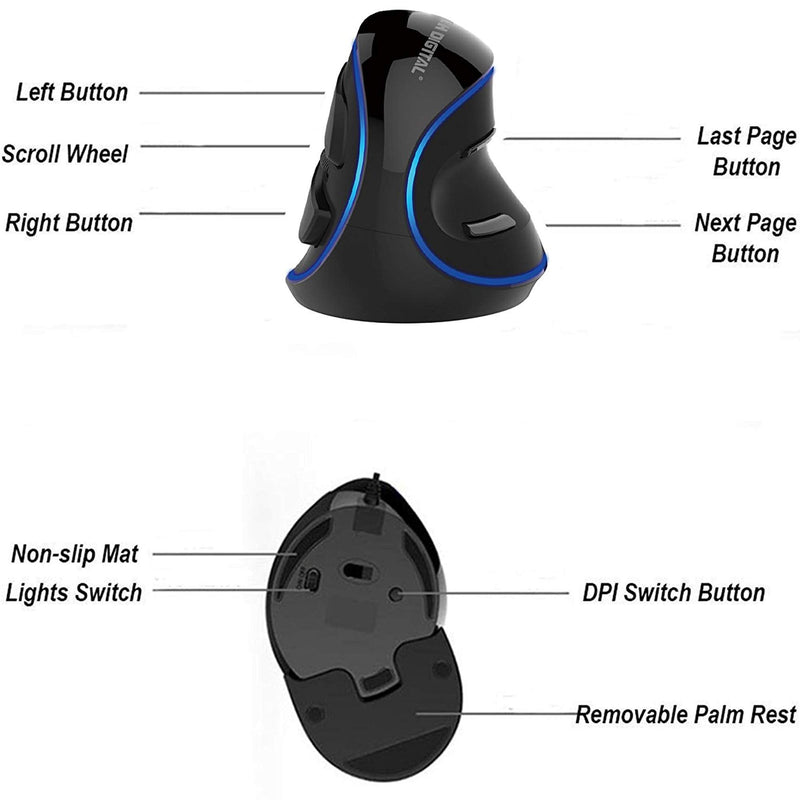 [Australia - AusPower] - J-Tech Digital Wired Ergonomic Vertical USB Mouse with Adjustable Sensitivity (600/1000/1600 DPI), Scroll Endurance, Removable Palm Rest & Thumb Buttons [V628] 