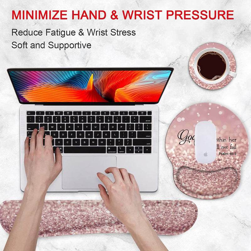[Australia - AusPower] - Ergonomic Mouse Pad Wrist Support Gel and Keyboard Wrist Rest Set for Laptop, Mac, Gaming and Office, Durable, Comfortable and Pain Relief + Coaster , Psalm 46:5 God is Within Her,She Will Not Fall 