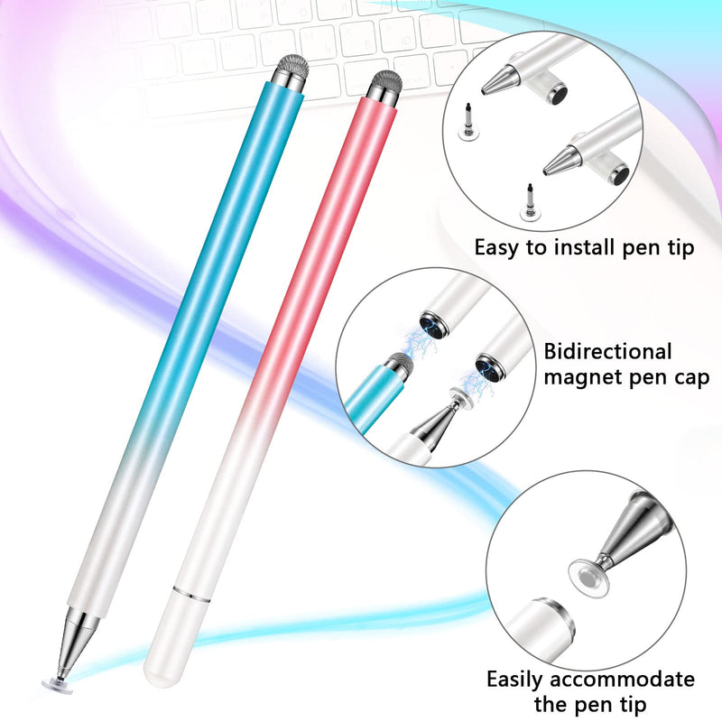 [Australia - AusPower] - 2 Pieces 2 in 1 Universal Touch Screens Stylus Pens High Sensitivity Disc & Fiber Tip Pencils Compatible Styluses Compatible with Phones Tablets Surface for Drawing Writing Pink and Blue 