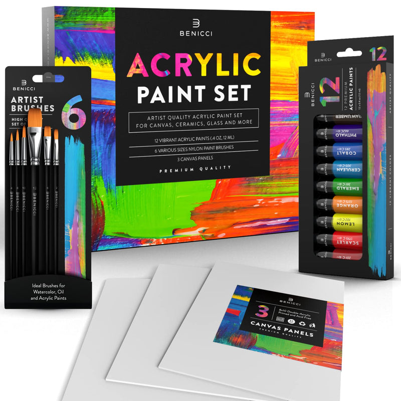 [Australia - AusPower] - Acrylic Paint Set for Kids, Artists and Adults - 12 Vibrant Colors, 6 Brushes and 3 Paint Canvases - Perfect for Beginners or Professionals 