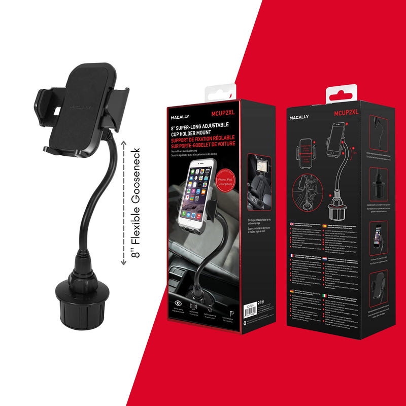 [Australia - AusPower] - Macally Car Cup Holder Phone Mount - 8” Long Flexible Gooseneck with 360° Adjustable Holder - Securely Fits Phones with/without Case up to 4.1” Wide - Easy to Use Cup Phone Holder for Car SUV or Truck 