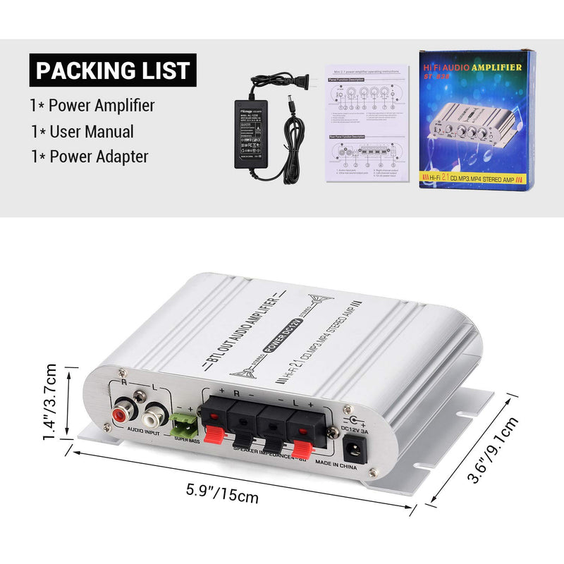 [Australia - AusPower] - Facmogu ST-838 40W 2x20W Mini Digital Hi-Fi Power Amplifier, 2.1CH Subwoofer Amp Stereo Bass Audio Player with 12V 3A Power Adapter, Stereo Amplifier System for CD MP3 MP4 PC Car Home Speaker 20Wx2+40W Passive Subwoofer No BT 