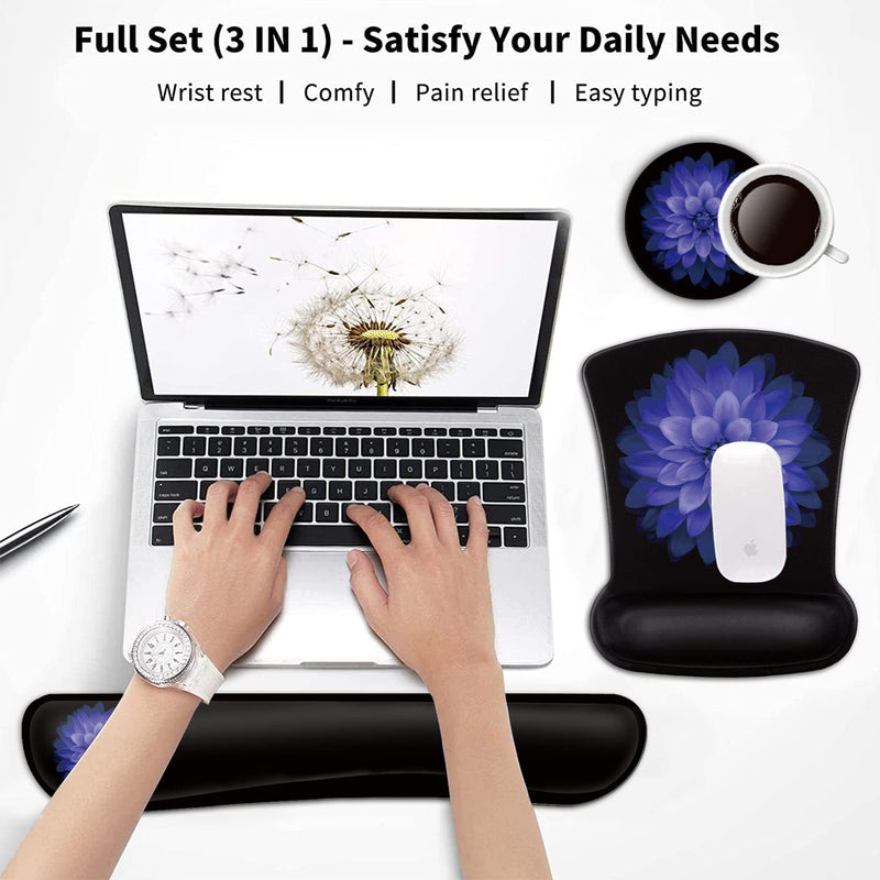 [Australia - AusPower] - Keyboard Wrist Rest and Mouse Pad Wrist Support Set ,Purple Flowers Ergonomic Gel Mouse Pad ,Easy Typing Pain Relief, Memory Foam Keyboard Mousepad Set with Coasters Bf-mouse Pad-3-21 