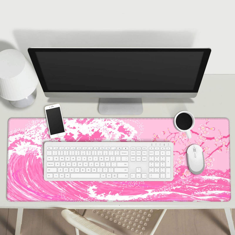 [Australia - AusPower] - Pink Japanese Wave Cherry Blossom Gaming Mouse Pad XL, Large Non Slip Rubber Mousepad, Stitched Edges Desk Pad, Long Extended Mice Pad,31.5'' X 11.8'' Pink Japanese Wave Cherry Blossom 