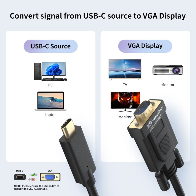 [Australia - AusPower] - USB C to VGA Cable 3ft, BolAAzuL USB Type C/Thunderbolt 3 to VGA Adapter Cable Male to Male Compatible for MacBook Pro 2019/2018/2017, Samsung Galaxy S9/S8, Surface Book 2, Dell XPS 13/15, Pixelbook 3ft/1m 