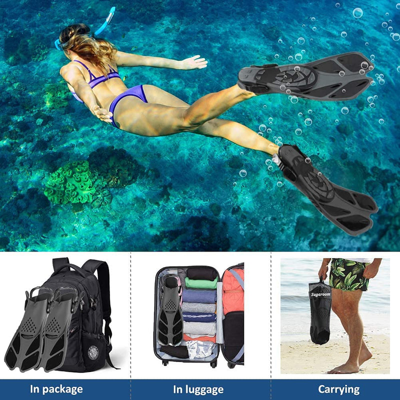 [Australia - AusPower] - Sugaroom Swim Fins Open Heel, Adjustable Snorkel Fins Diving Fins with Mesh Bag, Snorkeling Gear Flippers Travel Size Short Flippers for Lap Swimming Scuba Dive Adult Men Women Kids Black Kids JR 9-13 S/MD 