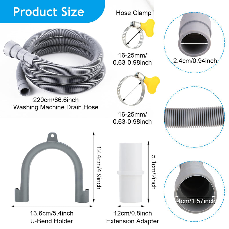 [Australia - AusPower] - Sunenlyst Washing Machine Drain Hose, Universal Dishwasher Drain Hose Extension Kits, 6.5 Feet Flexible Washer Drain Hose Washer Hose, Portable Discharge Washer Hoses with 1 U-Bend Holder 2 Hose Clamp 