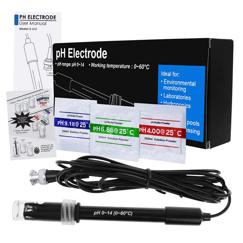 [Australia - AusPower] - High Accuracy pH Electrode with Calibration Powder, 0-14 pH Probe with BNC Connector & 300cm Cable for Wide Application 300cm Cable Glass Electrode 