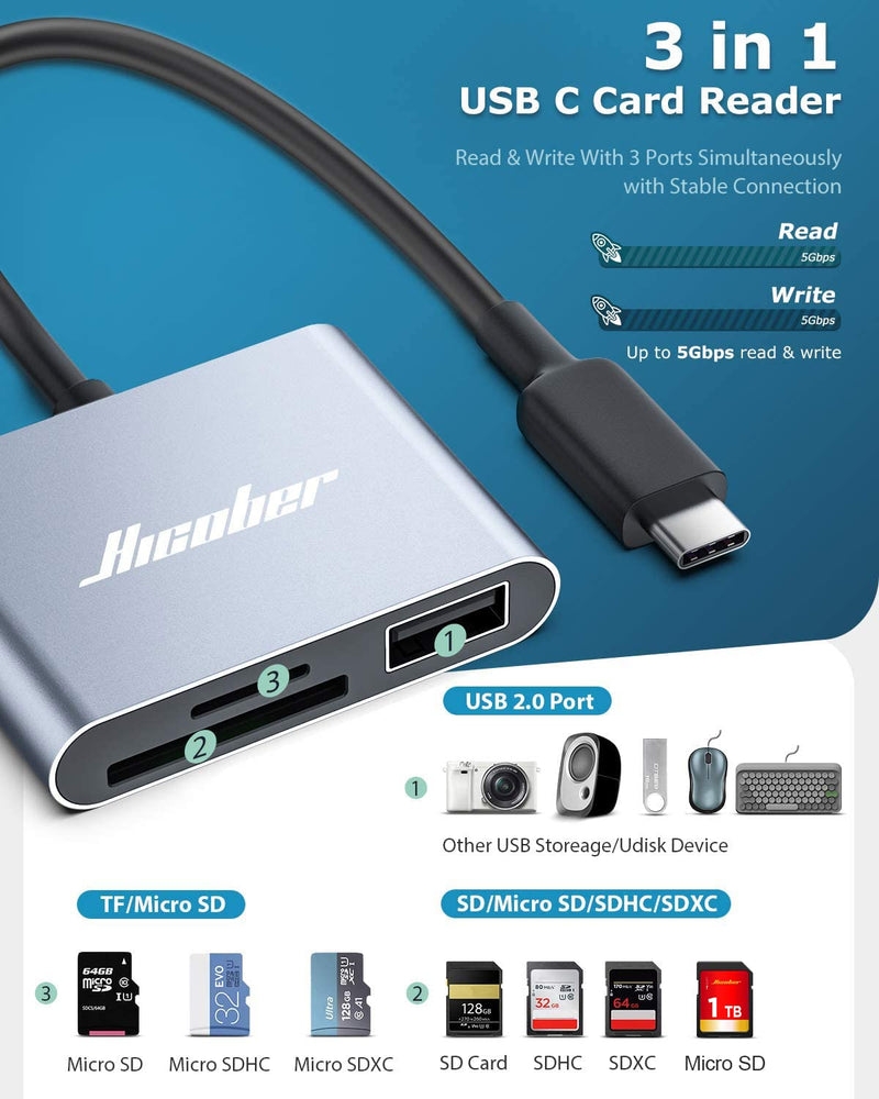 [Australia - AusPower] - Hicober USB C to SD Card Reader, Micro SD Memory Card Reader, Type C to SD Card Reader Adapter 2TB Capacity for MacBook Camera Android Windows Linux and Other Type C Device-Space Grey Space Grey 