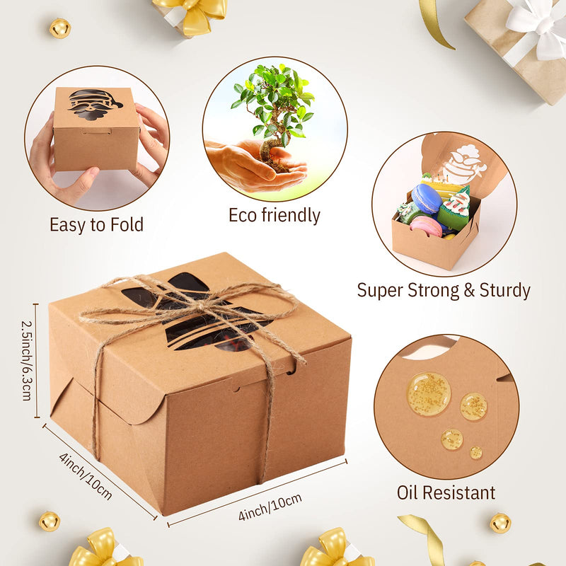 [Australia - AusPower] - 30 Pieces Christmas Cookie Boxes with Clear Window Cupcake Boxes Bakery Boxes Pastry Packaging Boxes Brown Kraft Present Box with Rope for Donuts, Cookie, Pies and Present Giving, 4 x 4 x 2.5 Inches 