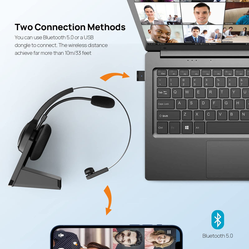 [Australia - AusPower] - Bluetooth Headset, LEVN Wireless Headset with Microphone (AI Noise Cancelling), 35Hrs Bluetooth 5.0 Headphones with USB for PC, Suitable for Remote Work/Call Center/Skype/Zoom/Online Class/Trucker LE-HS010 Superior 