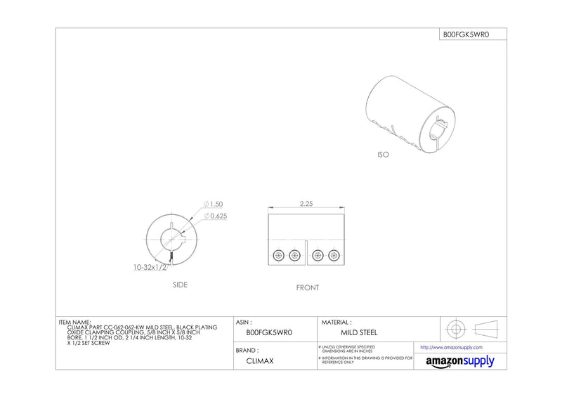 [Australia - AusPower] - Climax Part CC-062-062-KW Mild Steel, Black Oxide Plating Clamping Coupling, 5/8 inch X 5/8 inch bore, 1 1/2 inch OD, 2 1/4 inch Length, 10-32 x 1/2 Set Screw 