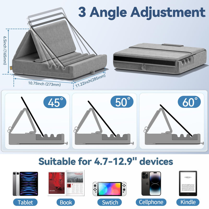 [Australia - AusPower] - KDD Tablet Pillow Holder, Foldable iPad Stand for Lap, Bed and Desk -Tablet Soft Pad Dock with Pocket & Stylus Mount Compatible with iPad Pro 12.9, 10.5, 9.7 Air Mini 6 5 4 3, Kindle, E-Reader, Gray 