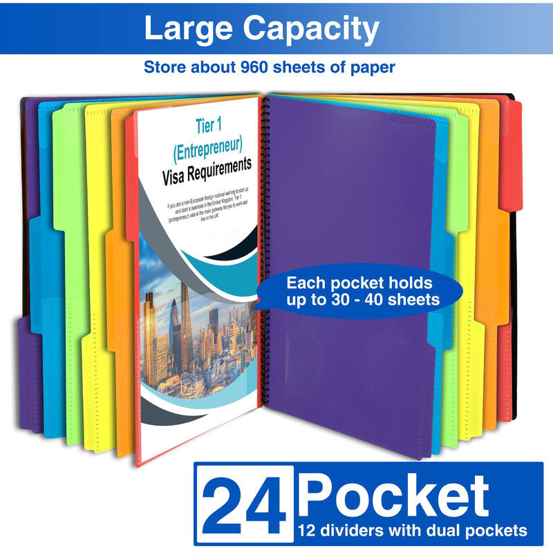 [Australia - AusPower] - 24 Pocket Project Organizer, Forvencer 1/3-cut Tab Binder Organizer with Sticky Labels, Multi Pocket Folder with Zipper Pouch, Folder Binder Spiral Pocket Organizer Folder Notebook, Letter Size, Black 24 Pocket 