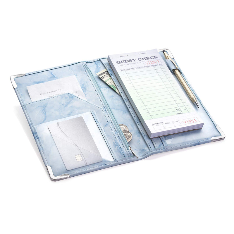 [Australia - AusPower] - Sonic Server Marble Style Deluxe Server Book for Restaurant Waiter Waitress Waitstaff | Baby Blue Marble | 9 Pockets Includes Zipper Pouch with Pen Holder | Holds Guest Checks, Money, Order Pad 