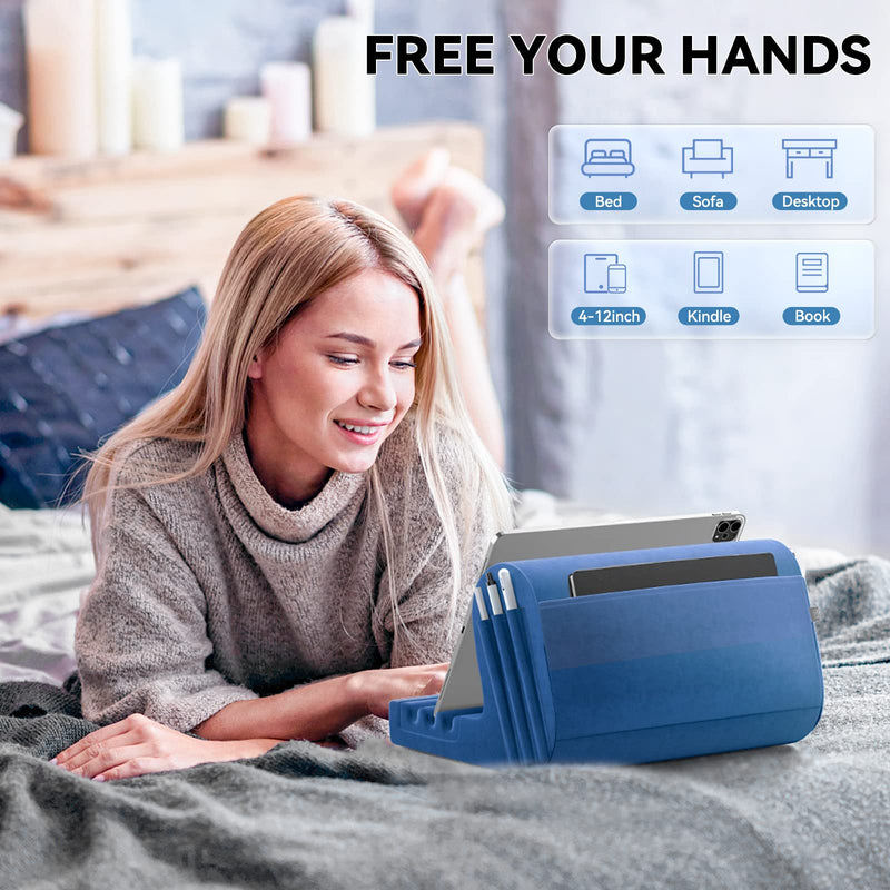 [Australia - AusPower] - Tablet Pillow Holder, KDD Pillow Soft Pad for Lap, Bed and Desk Tablet Stand Dock with 2 Pocket and 3 Stylus Mount Compatible with iPad Pro 9.7, 10.5,12.9 Air Mini 5 4 3 2, Galaxy Tab, E-Reader (Blue) Blue 
