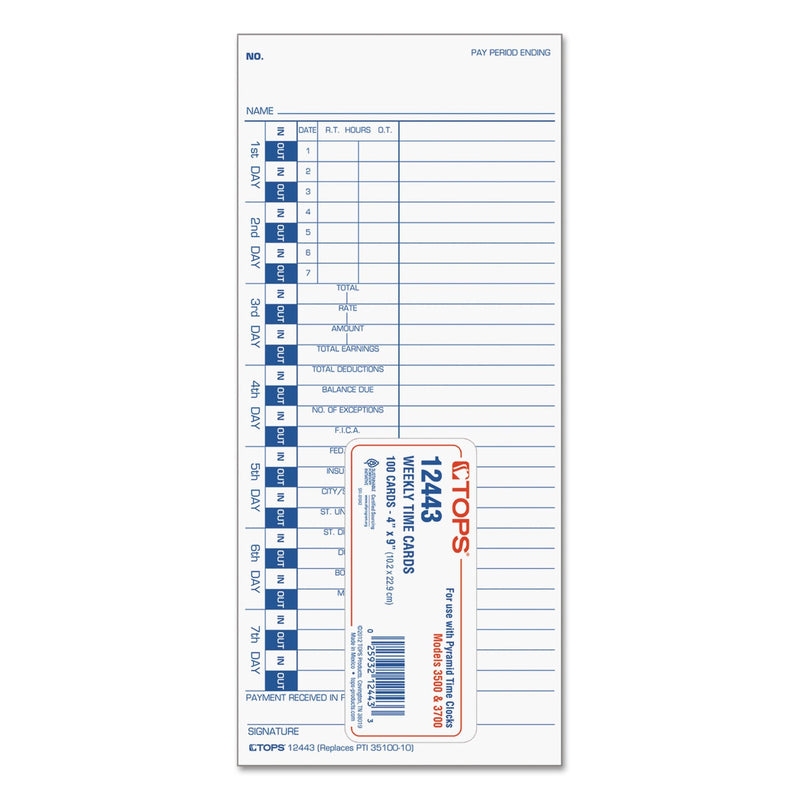 [Australia - AusPower] - TOPS Time Cards, Weekly, 1-Sided, 4" x 9", White Stock, Blue Print, 100-Count (12443) 
