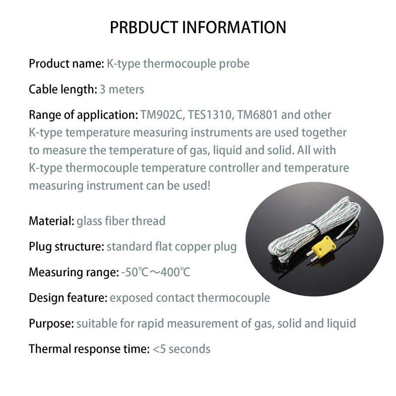 [Australia - AusPower] - 3 Meters K Type Mini-Connector Thermocouple Temperature Probe Sensor Temperature Sensing Line K Type Thermocouple Wire Measure Range -50 to 400 Celsius, Compatible with TM902C/ TES1310 (5 Pieces) 5 