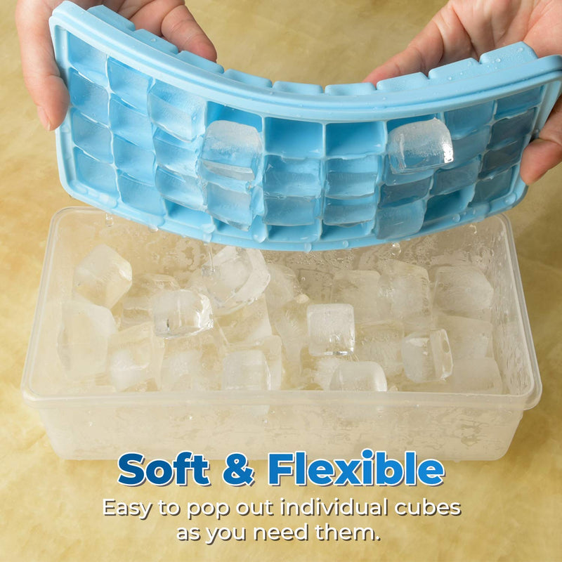 [Australia - AusPower] - Ice Cube Tray With Lid and Bin - Large Silicone Ice Tray For Freezer | Comes with Ice Container, Scoop and Cover| BPA Free| Space Saving Ice Cube Molds | Perfect for Cocktails, Waterbottles or Whisky! 36- Medium Ice Cubes Blue 