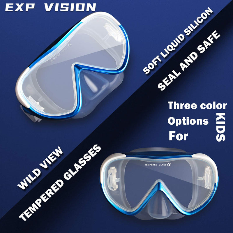 [Australia - AusPower] - EXP VISION Kids Snorkel Diving Mask, 180° Panoramic Swim Mask Anti-Fog Tempered Glass Lens Swimming Goggles with Nose Cover for Youth Junior Child Leakproof Snorkeling Gear for Scuba Diving Swimming 