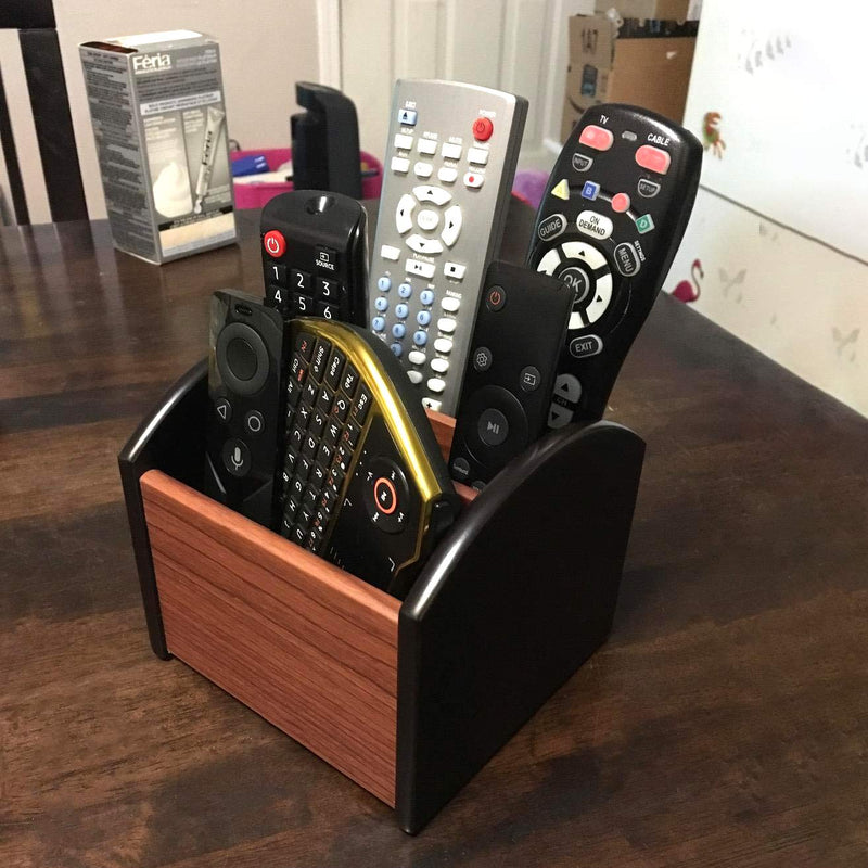 [Australia - AusPower] - Coideal Rotating Remote Control Holder Caddy, 4 Compartment Revolving Wooden Desktop Office Supplies Storage Organizer / Spinning Pen Pencil Stationery Holder Container Box for Desk Home 4 compartments 