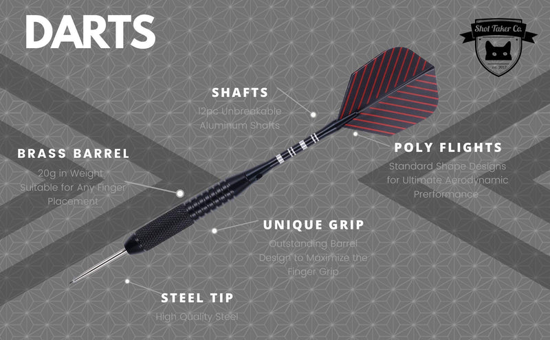 [Australia - AusPower] - SHOT TAKER CO. EST. 2017 Professional Steel Tip Darts 12 PC Set | 12 PC Brass Barrels | 12 PC Aluminum Shafts 48mm | 16 PC Flights Standard Shape | 1 Multi-Purpose Dart Tool | 1 Carry Bottle 20g Black Barrel 