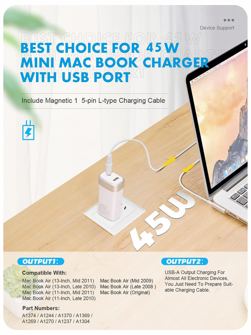 [Australia - AusPower] - icalla 45W Mini Charger Compatible with Mac Book Air 11/13 inch, Magnetic 1st-Gen L Type Connector, Portable Travel Replacement USB Adapter A1374 A1244 A1370 A1369 A1377 A1237 A1304 (Before Mid 2012) 