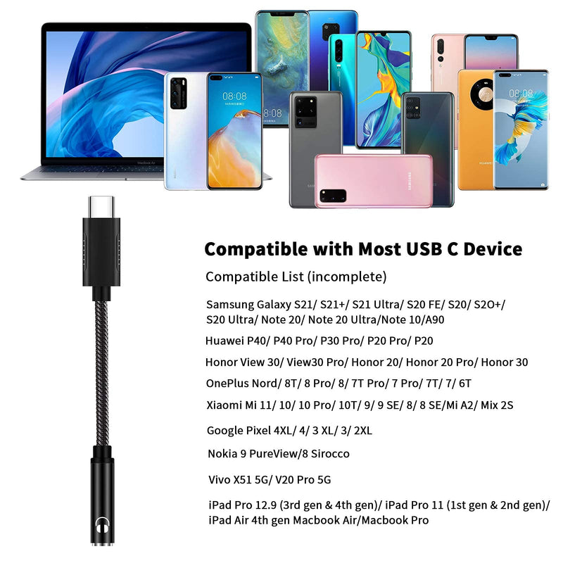 [Australia - AusPower] - USB C to 3.5mm Headphone Adapter, ACAGET USB Type C Dongle Audio Jack Converter DAC Chip Braided Cable Aux Earbuds Adapter for Samsung Galaxy S21+ Ultra S20 FE Note 20 OnePlus 9 Pro 8T 7 Pixel 6 Black 