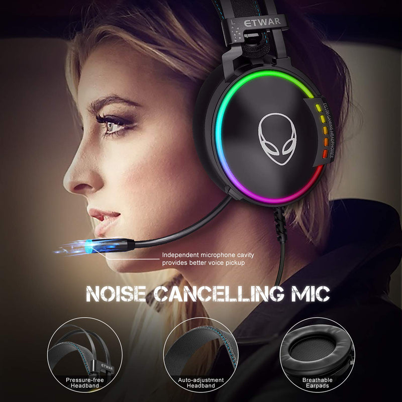 [Australia - AusPower] - ETWAR USB Gaming Headset for PC - 7.1 Surround Sound Headphones with Noise Cancelling Microphone- RGB Lights Headphones for Laptops with Microphone 