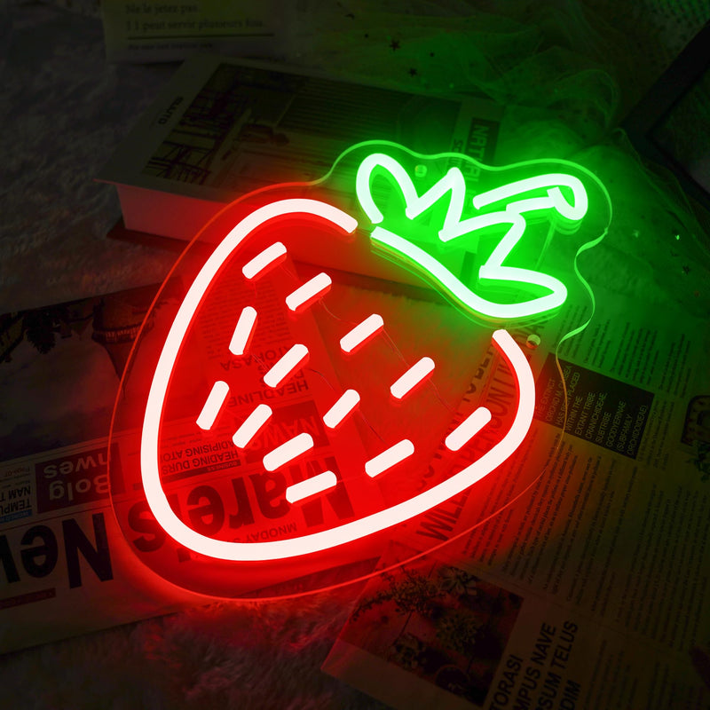 [Australia - AusPower] - Strawberry Neon Sign, Red Green Strawberry Led Sign Shape Neon Light for Fruit Shop, Restaurant, Bedroom Wall Decor, Bar Birthday Art Decoration Christmas with USB Chain Light Modulator 5v 