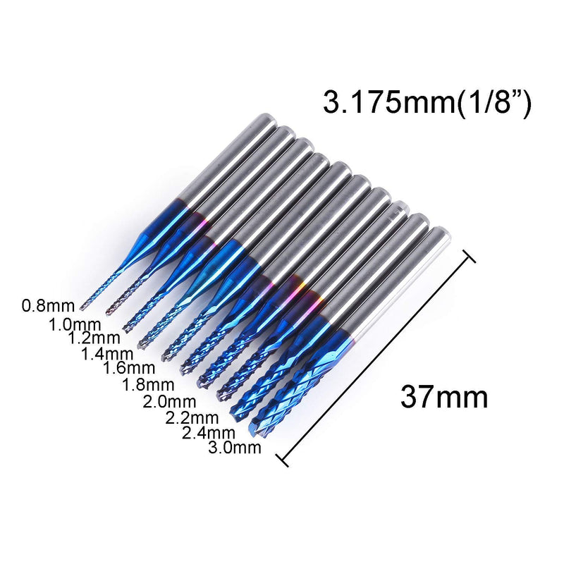 [Australia - AusPower] - SainSmart Genmitsu 10Pcs Nano Blue Coat End Mill CNC Router Bits, 0.8-3mm, 1/8" Shank 0.8-3.0mm Set 