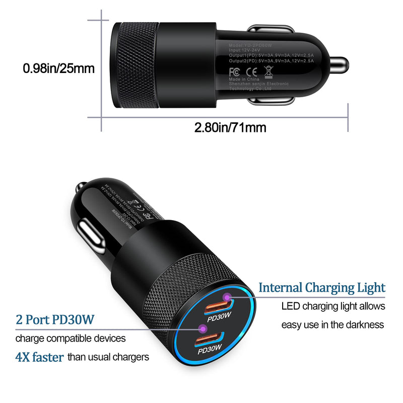 [Australia - AusPower] - Fast USB C Car Charger 2 Pack 60W PD 3.0 Dual Port Cigarette Lighter USB Charger Car Adapter Compatible iPhone 13 Pro Max/12/11/XS/8/Plus,iPad Pro,AirPods Pro,Pixel,Galaxy S22 S21 S20 Note 20 Ultra 5G black 