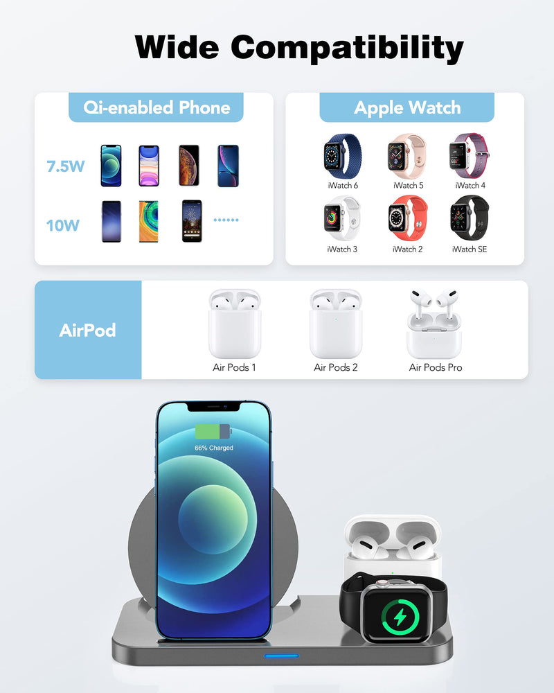 [Australia - AusPower] - TAOHAI Wireless Charging Station for Apple Products, 3 in 1 Charger Stand Compatible with Watch and Airpods Pro, 2, Fast Dock iPhone 12 11, Xs max, Xr, X, 8, Grey, (W30) 3IN1GREY 