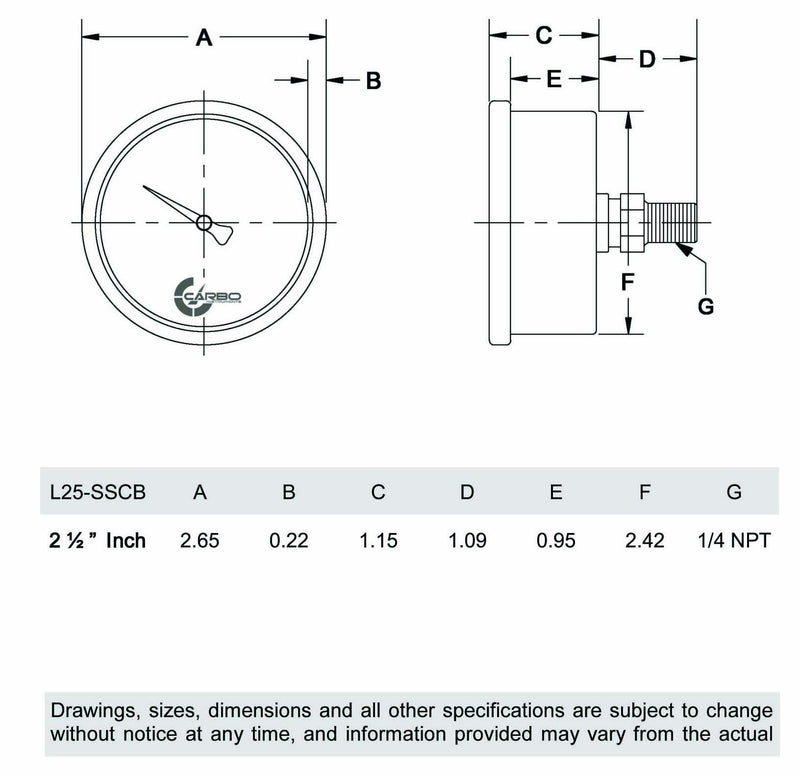 [Australia - AusPower] - CARBO Instruments 2 1-2" Pressure Gauge, Stainless Steel Case, Chrome Plated Brass Connection, Lqiuid Filled, 0-160 psi/kPa, Back Mount 1/4" NPT 