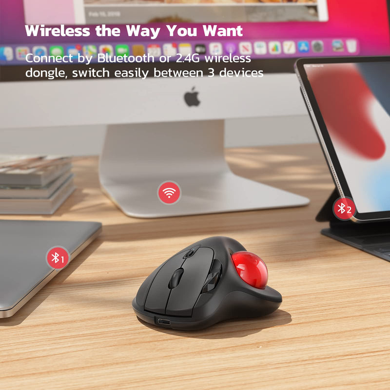 [Australia - AusPower] - Wireless Trackball Mouse, Rechargeable Ergonomic Mouse, Easy Thumb Control, Precise & Smooth Tracking, 3 Device Connection (Bluetooth or USB), Compatible for PC, Laptop, iPad, Mac, Windows, Android A-Red 
