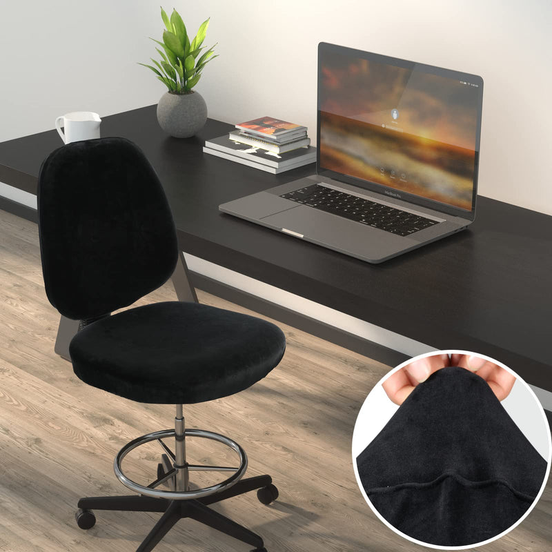 [Australia - AusPower] - BUYUE Office Chair Cover, Super Soft Velvet Stretch Washable Computer Desk Armless Chair Slipcover Dustproof Protectors ( Set of Black ) 1 Black Chair Seat Cover + Backrest Cover 
