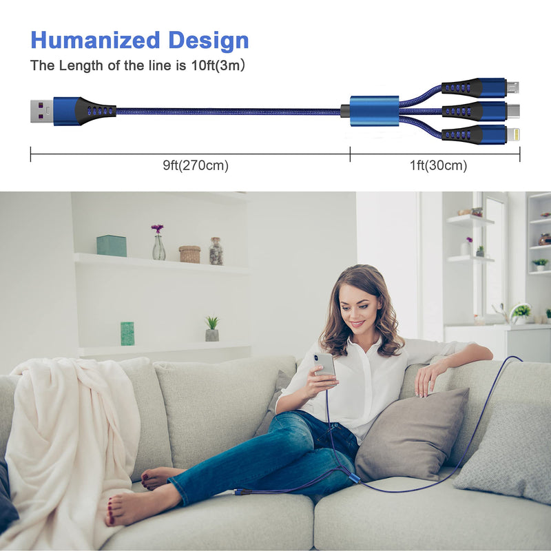 [Australia - AusPower] - Multi 3 in 1 USB Long Charger Cable, 3M/10Ft 6A PD Fast Braided Charging Cord, Universal Multiple Ports Long Charging Cable with USB C/Micro USB/Lightning Connector for iPhones Android Huawei 3IN1 USB Cable- 3M ( Blue ) 