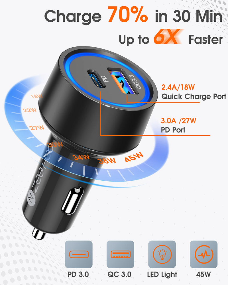 [Australia - AusPower] - Car Charger, ZeeHoo Car Charger Adapter 5.4A/45W USB C Car Charger QC 3.0 & PD Dual Port Fast Charging - Compatible with Apple iPhone 13 12 11, Samsung Galaxy S22/S21/Note20,Google Pixel Grey 45W -- Cable NOT Included 
