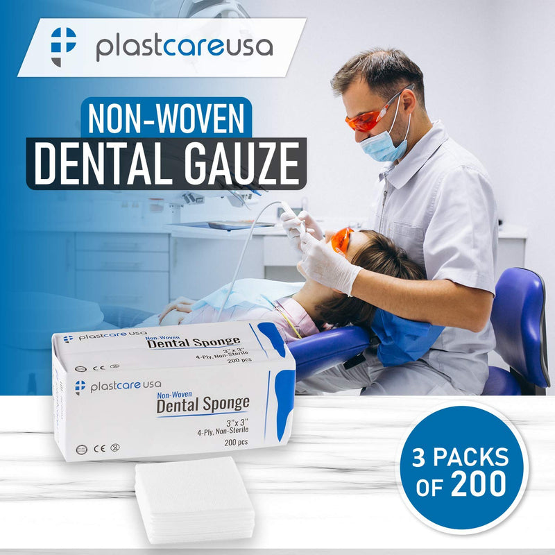 [Australia - AusPower] - 600 3x3 Non Woven Sponges, Non-Sterile Dental Gauze for First Aid and Medical Supplies, Esthetic Wipes, 3 Packs of 200 200 Count (Pack of 3) 