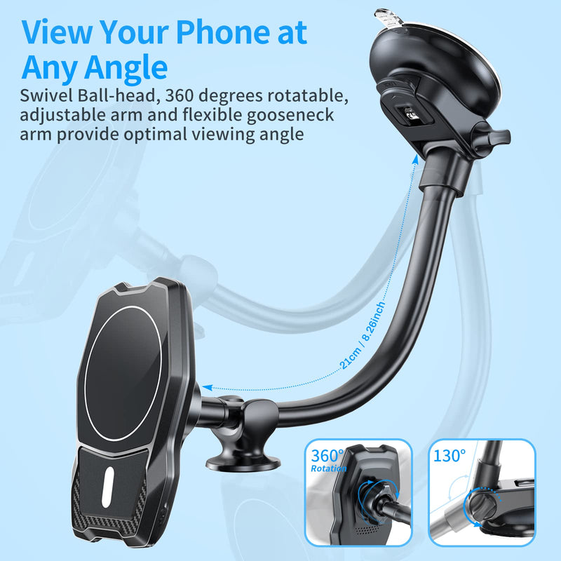 [Australia - AusPower] - Magnetic Phone Holder for Car, APPS2Car 360°Adjustable Magsafe Car Mount, Strong Suction Cup Long Arm Dashboard Windshield Magnetic Car Mount Fit for iPhone 13/12 Pro Max Magsafe Case & All Phones 
