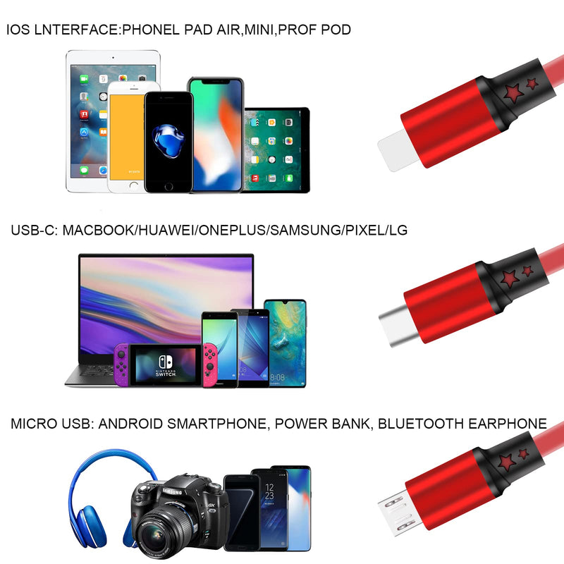 [Australia - AusPower] - 3 Pack 3 in 1 Multi USB Retractable Charger Cable,3A Multiple Charging Cord Adapter with IP/USB-C/Micro-USB Port Adapter, Compatible with Phone/Tablet/Samsung Galaxy/Google Pixel/Sony/LG/Huawei 