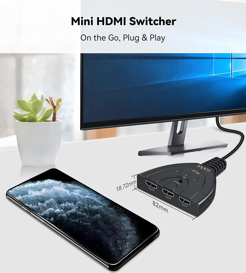 [Australia - AusPower] - HDMI Switch, GANA 4K HDMI Splitter 3 in 1 Out, 3-Port HDMI Switcher Selector with Pigtail HDMI Cable,Supports Full HD 4K 1080P 3D Player, HDMI Hub Compatible with Fire Stick,HDTV,PS4 Game Consoles,PC 